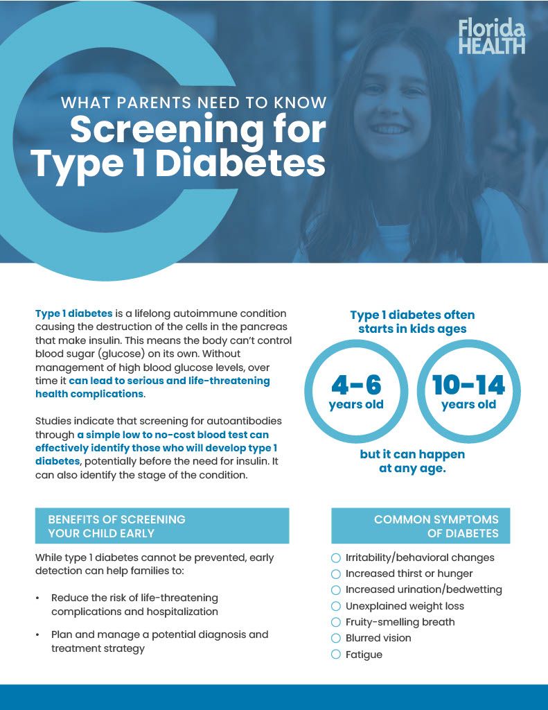 Screening for Type 1 Diabetes flyer. Please click link below for text accessible version