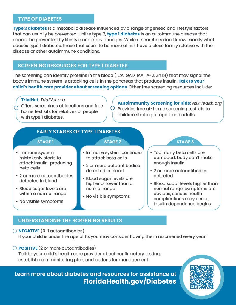 Screening for Type 1 Diabetes flyer. Please click link below for text accessible version